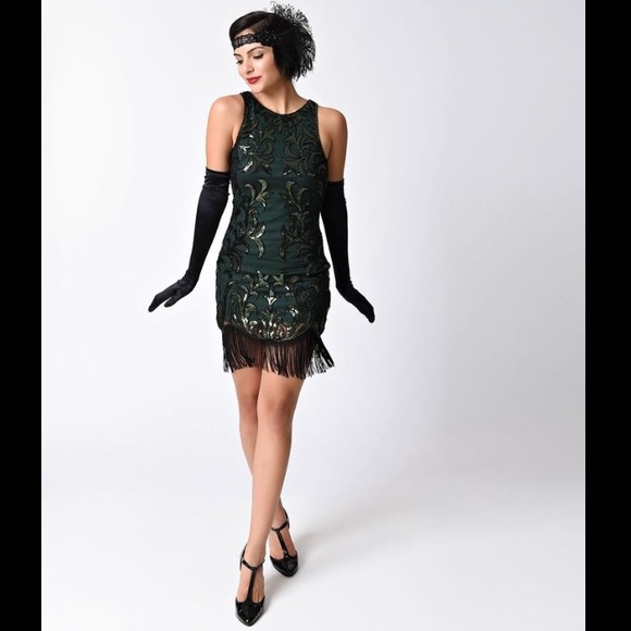 Unique Vintage Dresses & Skirts - Emerald and Black Sequin Flapper Dress
